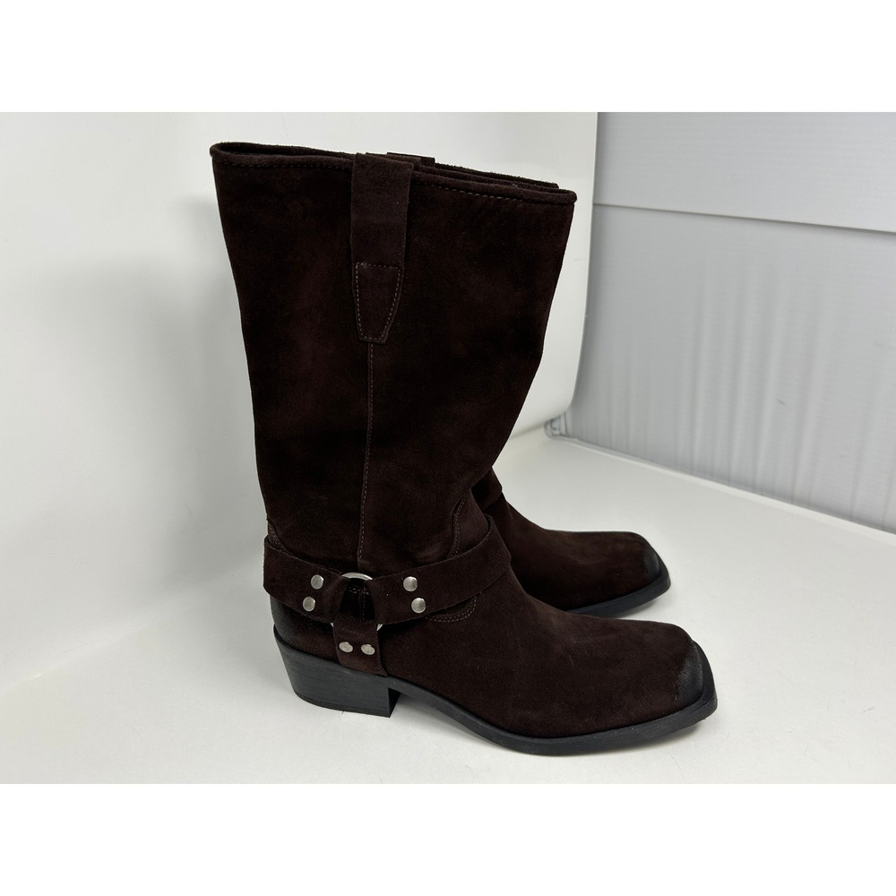 Steve Madden Womens Brown Suede Harness Boots Square Toe Mid Calf Western Sz 10